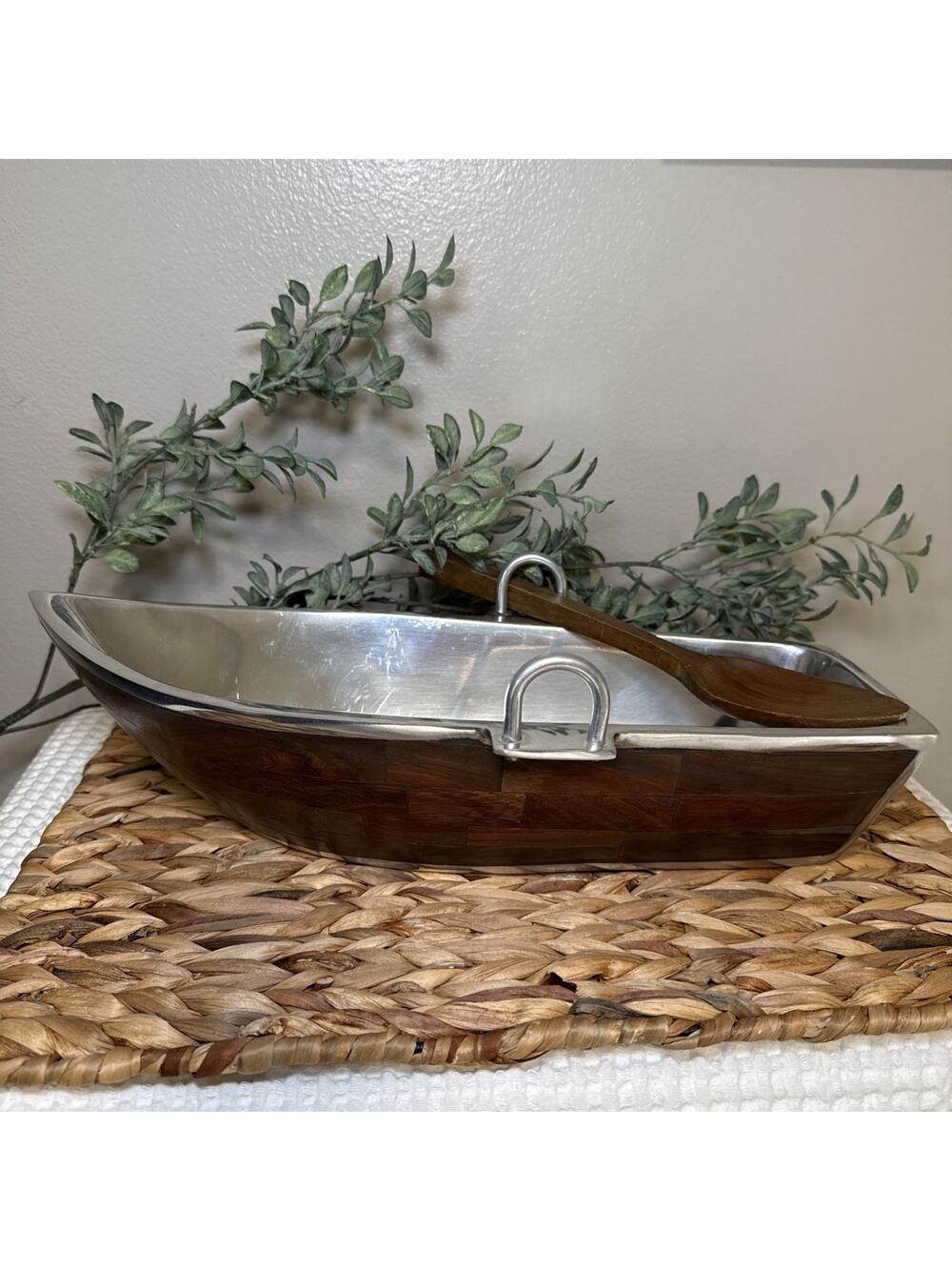 Godinger Boat Shaped Salad Fruit Bowl Wood Veneer Stainless Steel w Spoon 14.5”